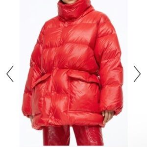 H&M Red Puffer Down Oversized Jacket with Removable Hood and Glossy Finish